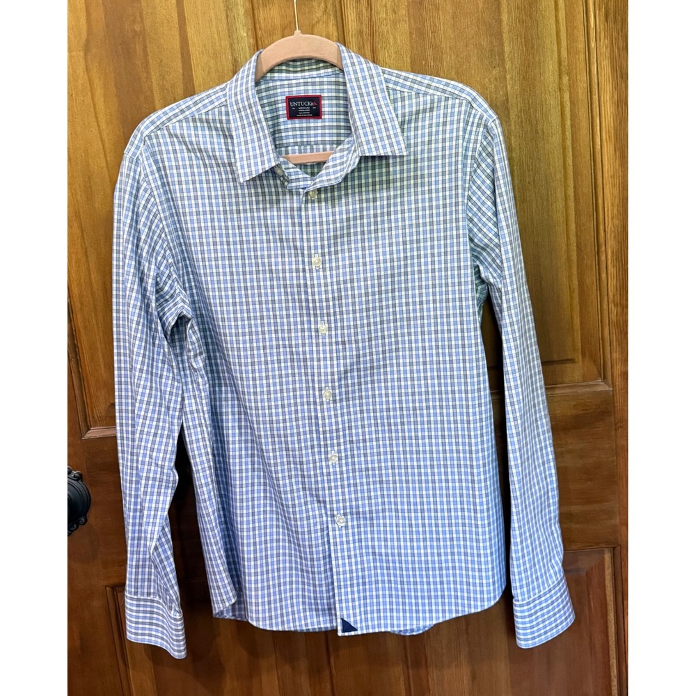 UNTUCKit Durif WF Mens Medium Regular Fit Blue Gingham Wrinkle Free Shirt